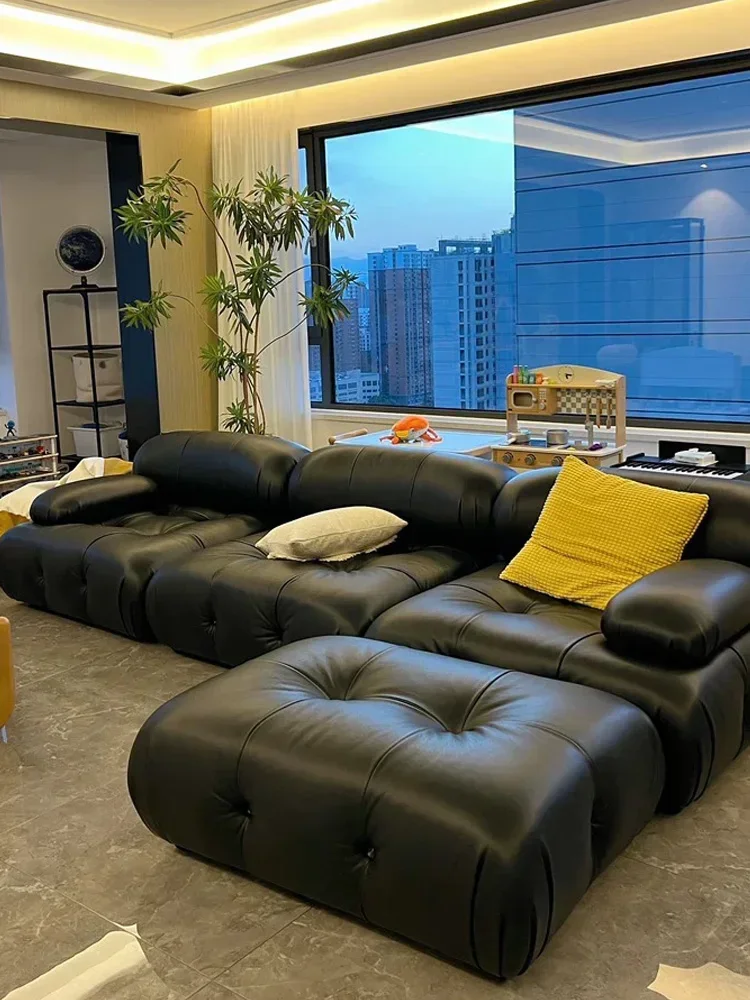 Minimalist Module Sofa Large and Apartment Type Living Room Leather Black Straight Row Tofu Block Sofa and Tea Table Combination