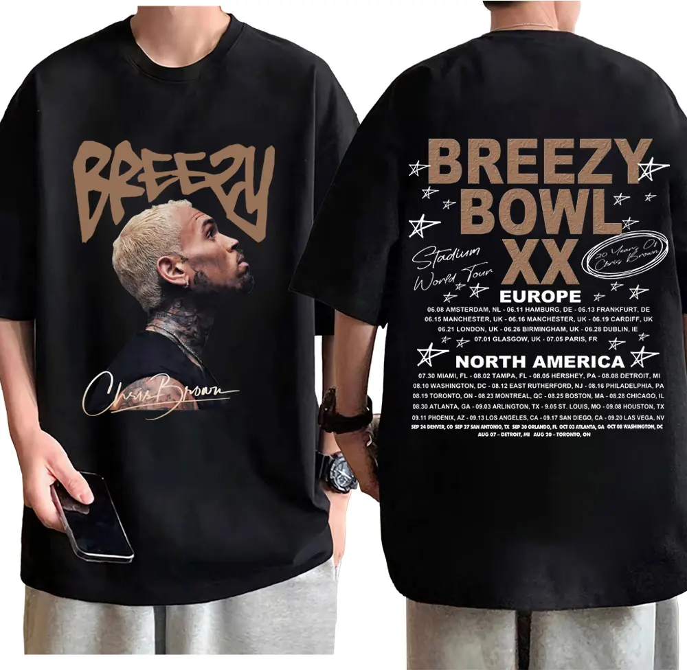 

Chris Brown Breezy Bowl XX Tour T-Shirt Men's Women's Fashion Hip Hop Vintage T-Shirts Summer Casual Oversized Cotton T Shirts