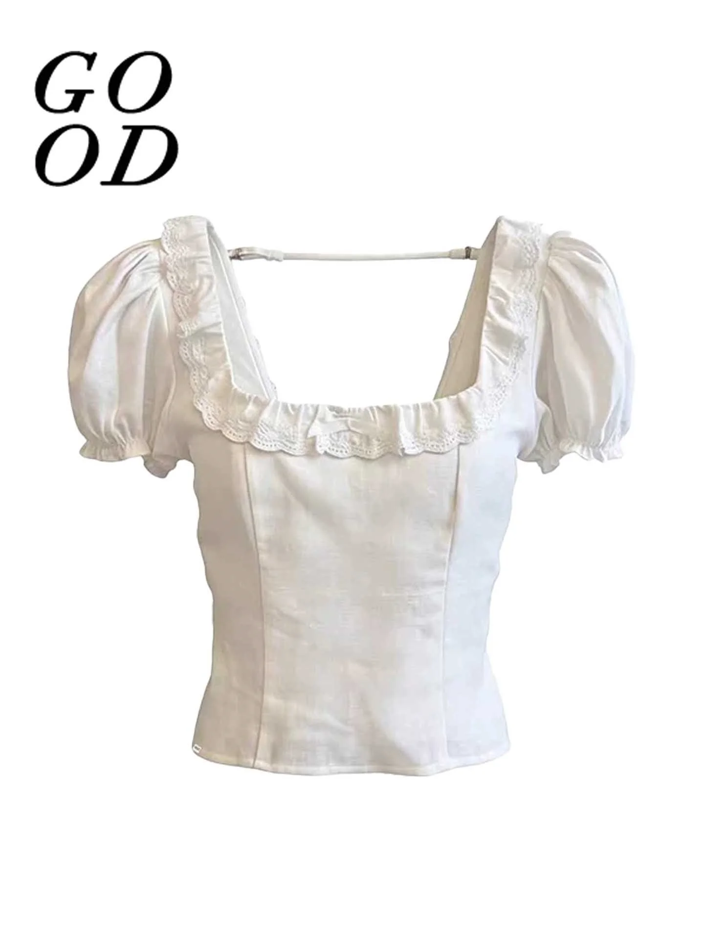 

White Short Bubble Sleeve Shirt Women's Summer New Style Lace Trim Waist Slim Fit Square Collar Shirt Sweet Style Fashion