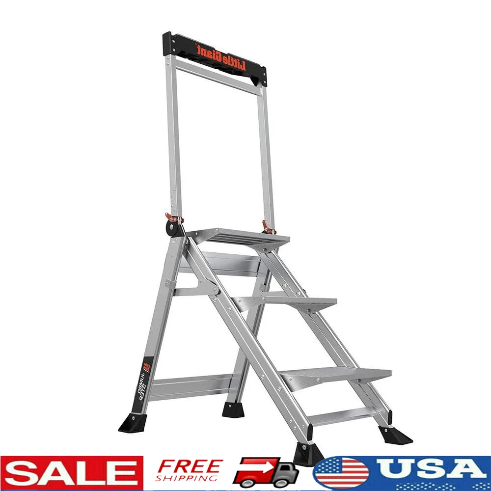 

Aluminum Step Stool with Adjustable Handrail Portable Smartphone Holder Gray 375 lbs Capacity Step Ladder 2ft Tall Jumbo Step
