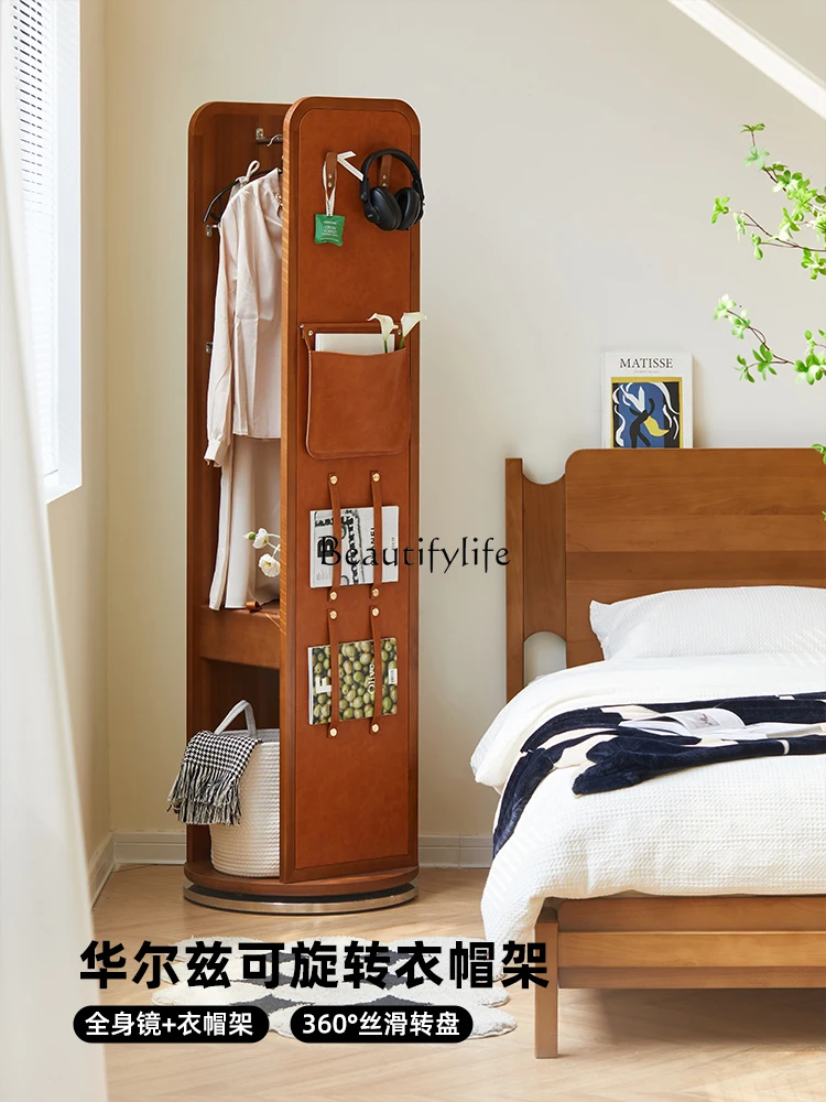 Retro Solid Wood Coat and Hat Rack Nordic Floor Mirror Integrated Multifunctional Rotatable Clothes Rack