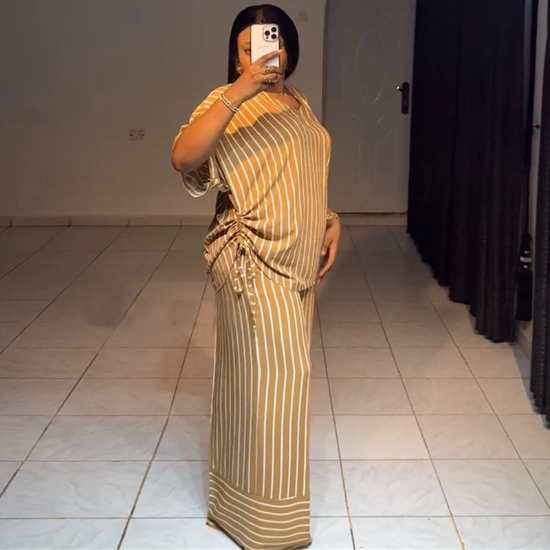 African Fashion Summer Striped Print 2 Piece Sets Women V-Neck Short Sleeve Top+Wide Leg Pants Match Holiday Beach Streetwear