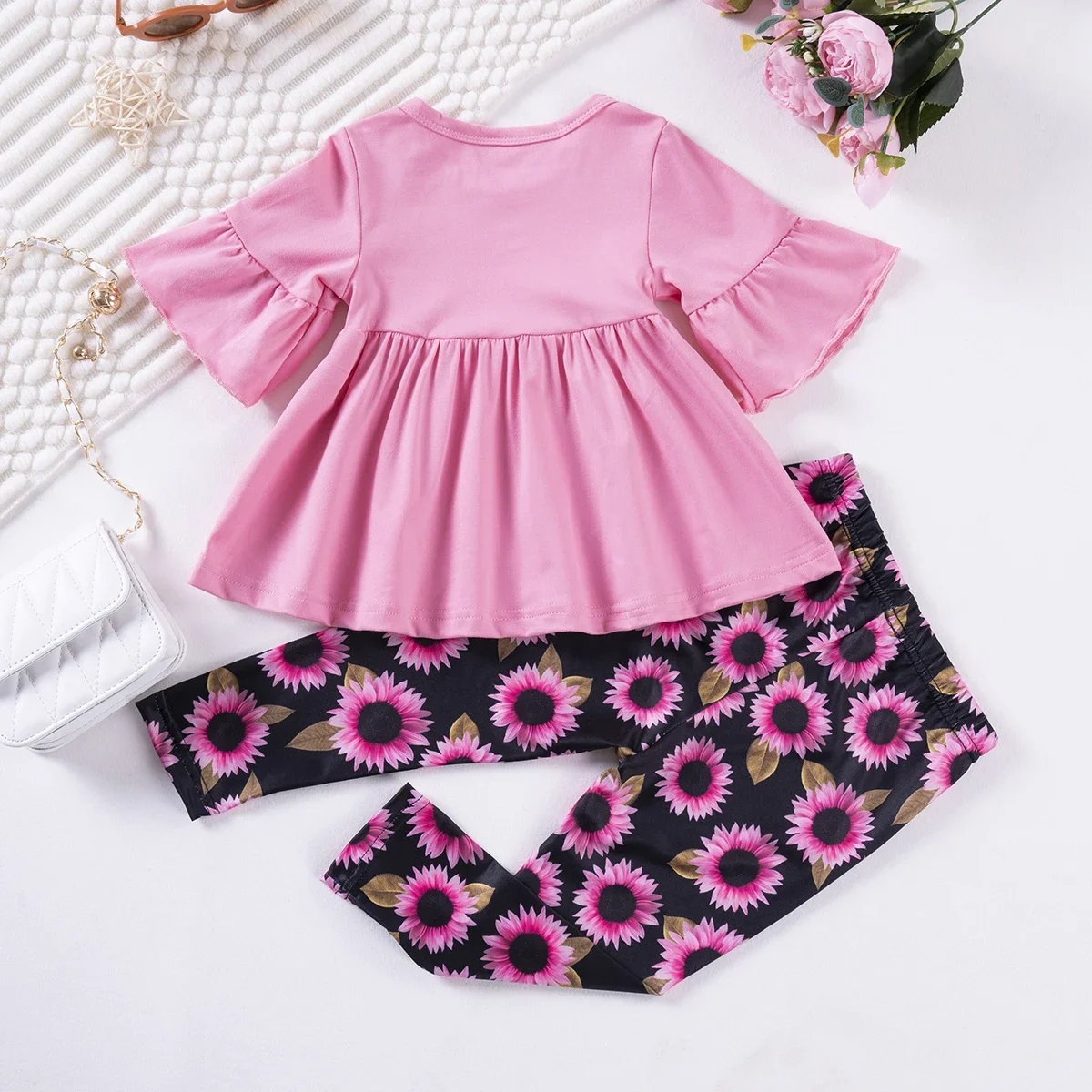 2 pcs Toddler Girl Set Solid Color Short Sleeve And Floral Pattern Trouser Set For Kids Casual Summer Clothes