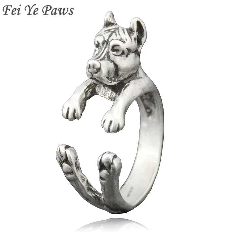 Fei Ye Paws Punk Pit Bull & Staffordshire Bull Terrier Dog Wrap Ring For Women Retro Animal Pet Ring Men Unique Gifts Box Packed