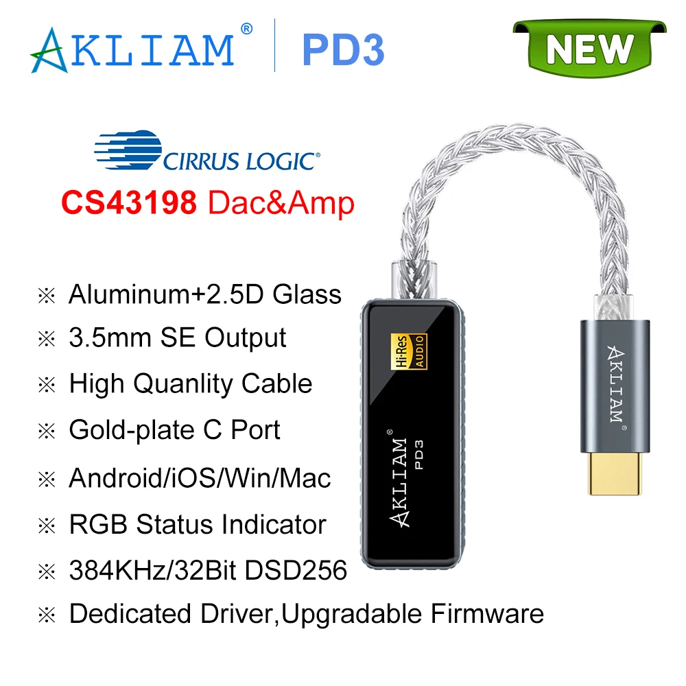 AkLIAM PD3 CS43198 Portable USB DAC Audio HiFi Decoder Headphone Amplifier PCM384KHz DSD256 3.5 Jack for Android iOS Mac Win10