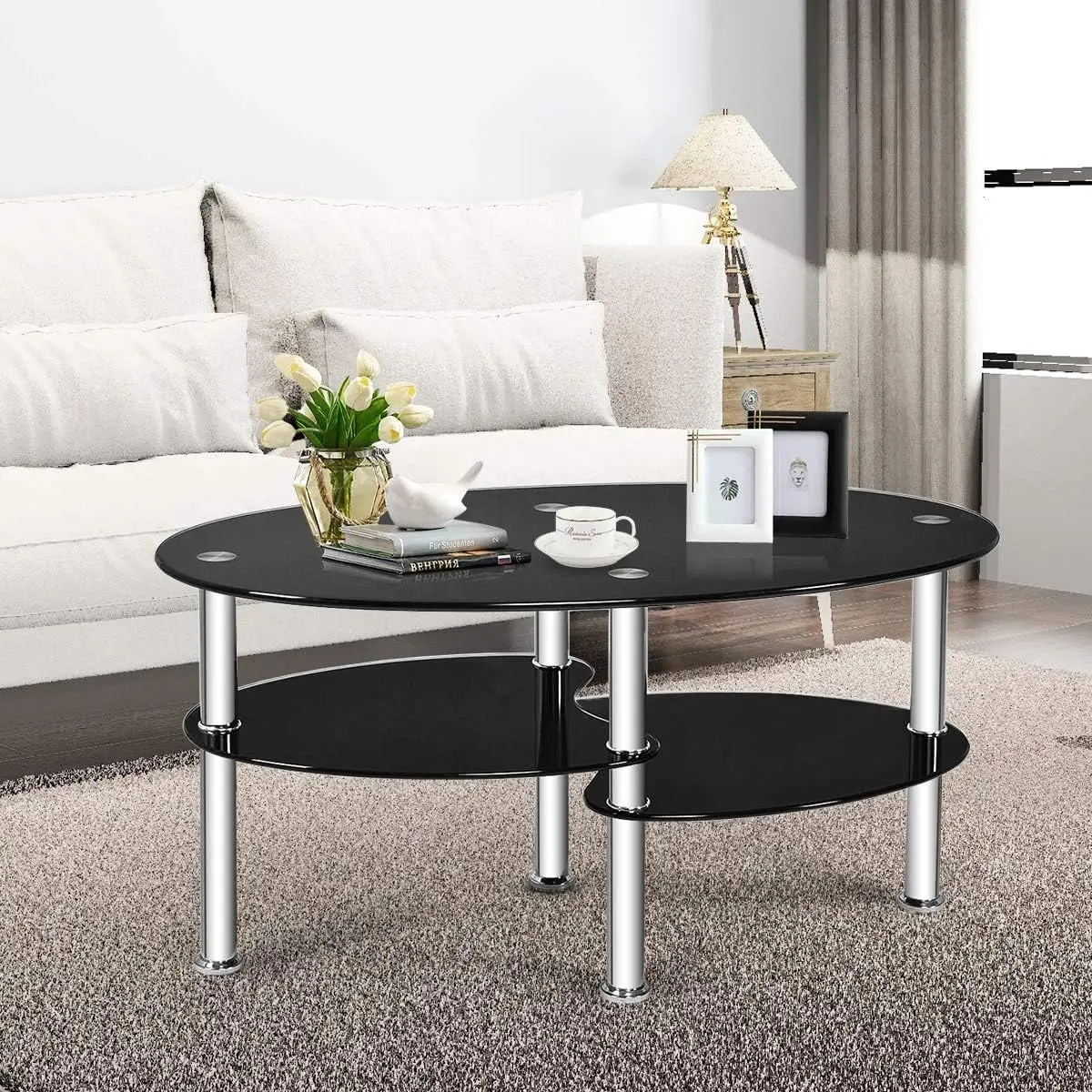 Fantask Tempered Glass Coffee Table, Oval 3-Tier Steel Tea Table W/Spacious Glass Desk-Top, Open Storage Shelf, Modern End Side