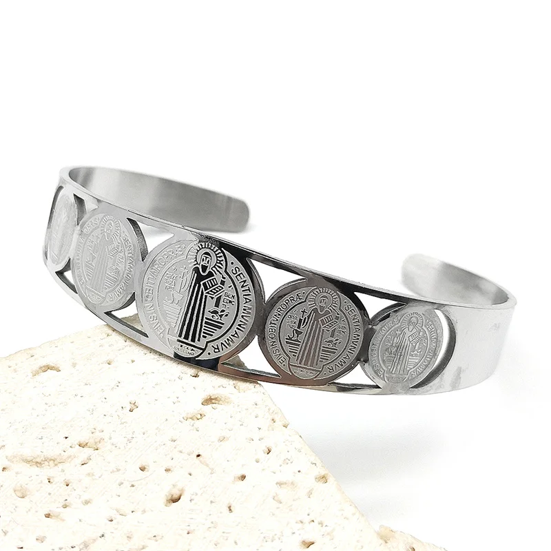 الكاثوليكية سانت بنديكت سوار قابل للتعديل للنساء الرجال الفولاذ المقاوم للصدأ الذهب اللون سان بينيتو سلسلة اليد الدينية مجوهرات