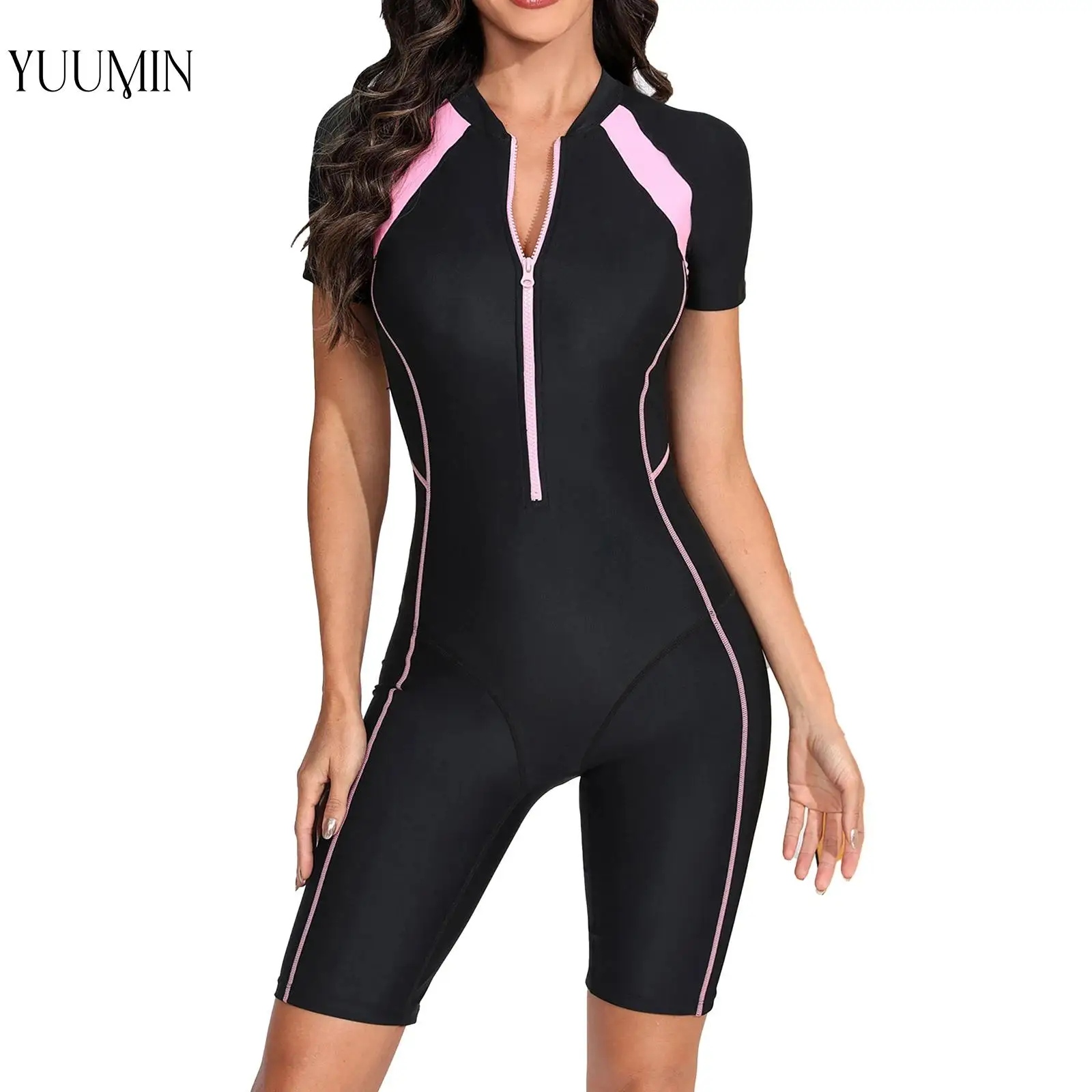 Womens Athletic Rash Guard Swimsuit One Piece Short Sleeve Padded Front Zipper Swimwear Boyleg Swimsuit Swimming Bathing Suit