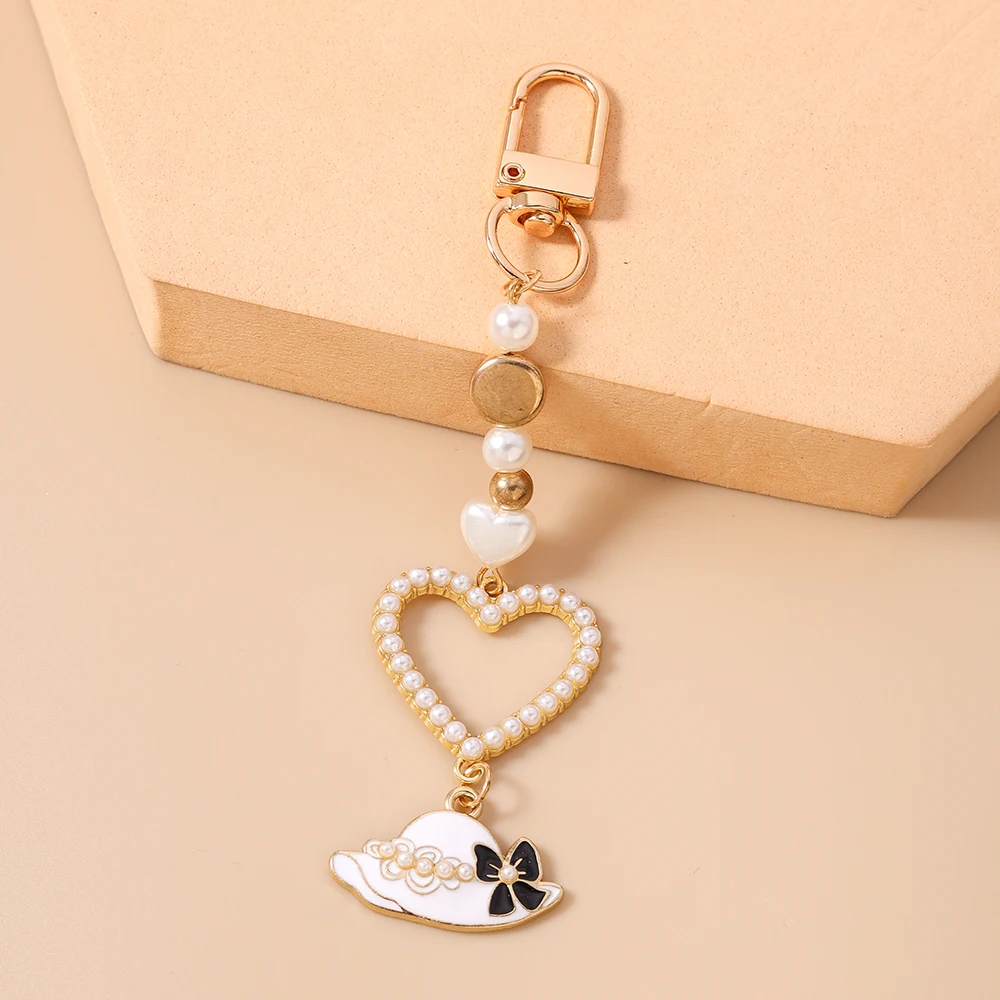 Aihua Hübscher Damen-Schleifenhut High-Heels Schlüsselanhänger Eleganter Perlen-Schlüsselring für Mädchen Freundschaftsgeschenk Handgemachter DIY-Schmuck – Detail 13