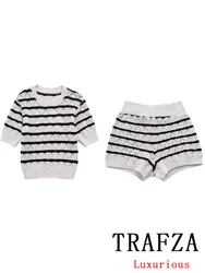 TRAFZA Vintage Chic Women Suit Striped O-Neck Knitted Short Sleeve Top Straight Loose Shorts New Fashion 2024 Summer Sets