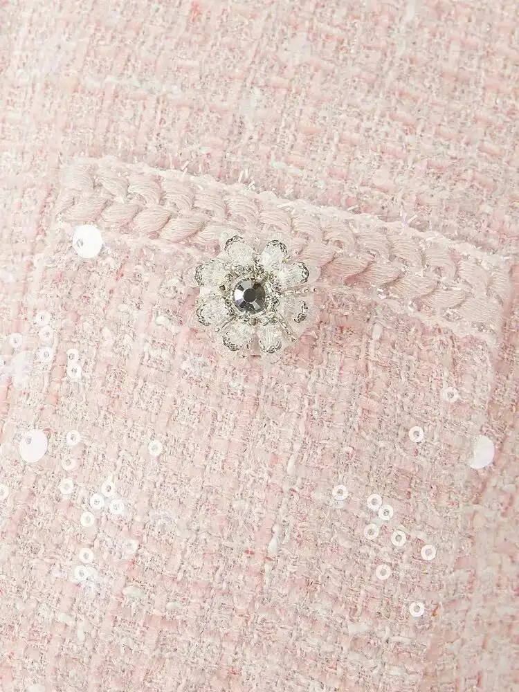 QMQA Fashion Women's Elegant 2 Pcs Set O Neck Short Sleeve Sequins Tweed Belt Coat High Waist Pleated Skirts Sets 2024 New 1A115