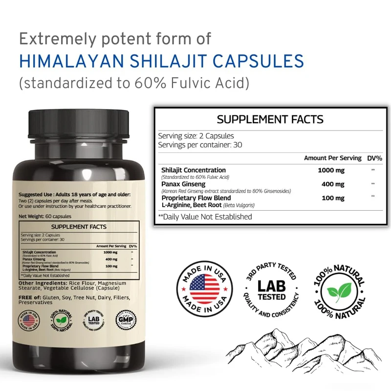 Shilajit Pure Himalaya Capsules (60% Fulvic Acid) - Contains 1500 milligrams of ginseng - High trace minerals