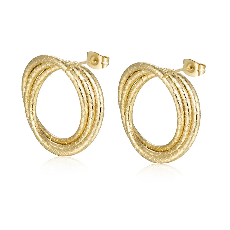 Triple Circle Wrap Glossy And Cross-Hatched Woman Stud Earring Stainless Steel Gold Color Jewelry Party Earrings