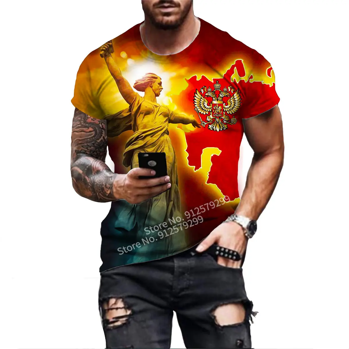 2022 Men Clothes Summer New Men\'s Russia Short Sleeve T Shirt Sport Casual Russia Flag Hip Hop Tops