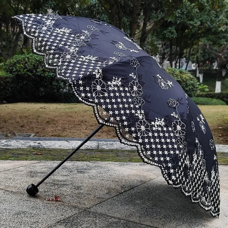 Black high-grade embroidered flower lace sun umbrella, double-layer vinyl, UV protection, sunshade, weather and rain umbrella