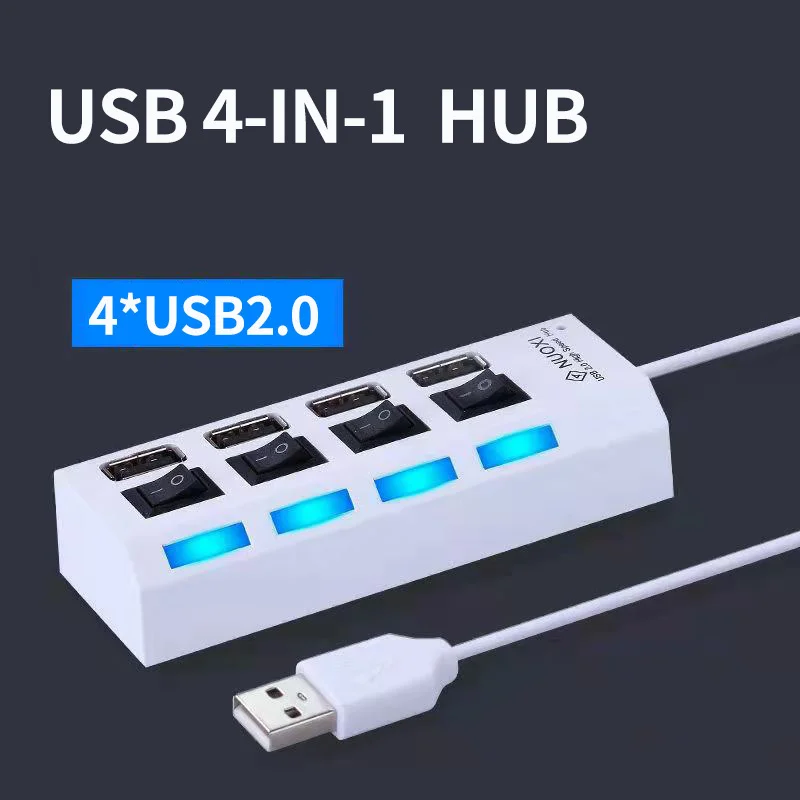 

USB 2.0 4-Port Splitter Expander with LED Individual On/Off, Computer USB Hub Extension for Laptop, Desktop PC Accessories