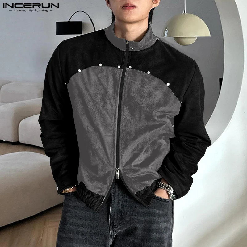 INCERUN 2024 Men Colorblock Simple Jackets Casual Loose Hammer Design Coats Stand Collar Handsome Harajuku Long Sleeve Waistcoat