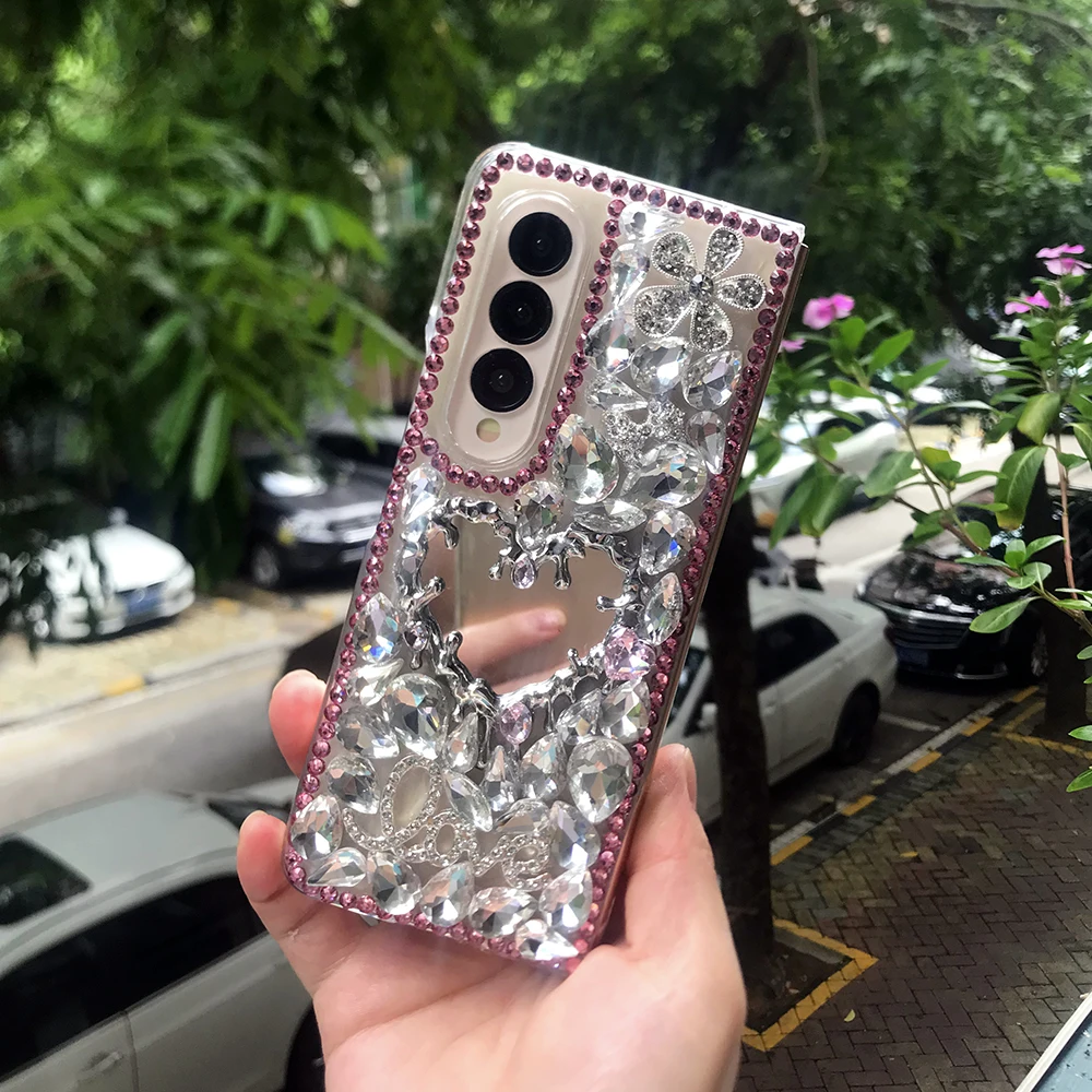 Bling Rhinestone Broken Heart Mirror Phone Case For Samsung Galaxy Z Fold 7 6 5 4 3 Diamond Flowers Water Drop Crystal PC Cover