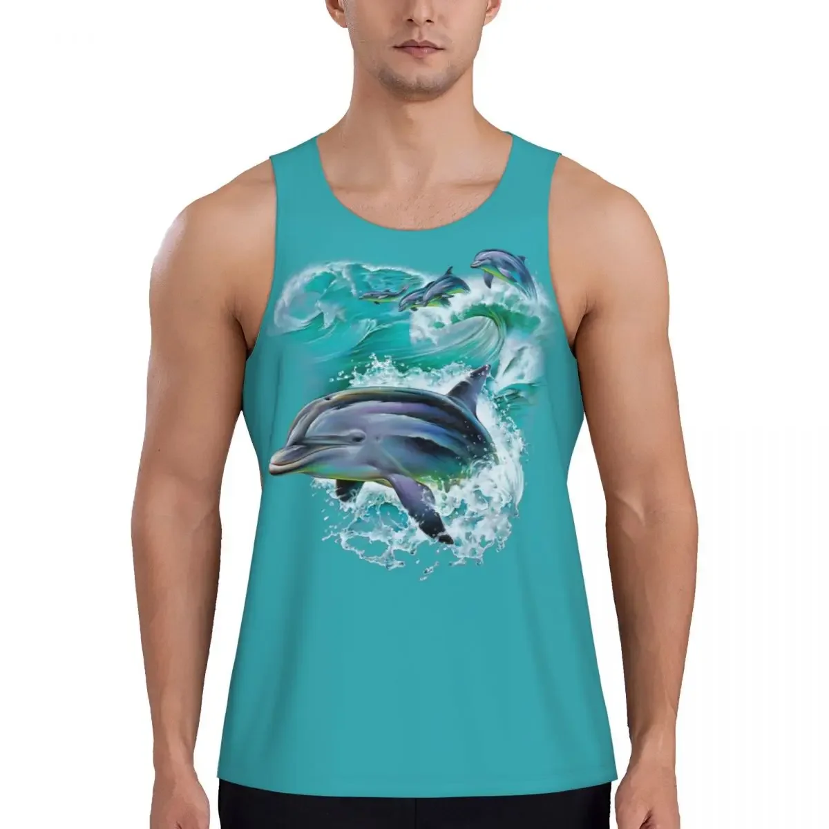 Quick Dry Dolphins Catching Waves Gym Tank Muscle Sleeveless Shirt Bodybuilding Breathable Vest