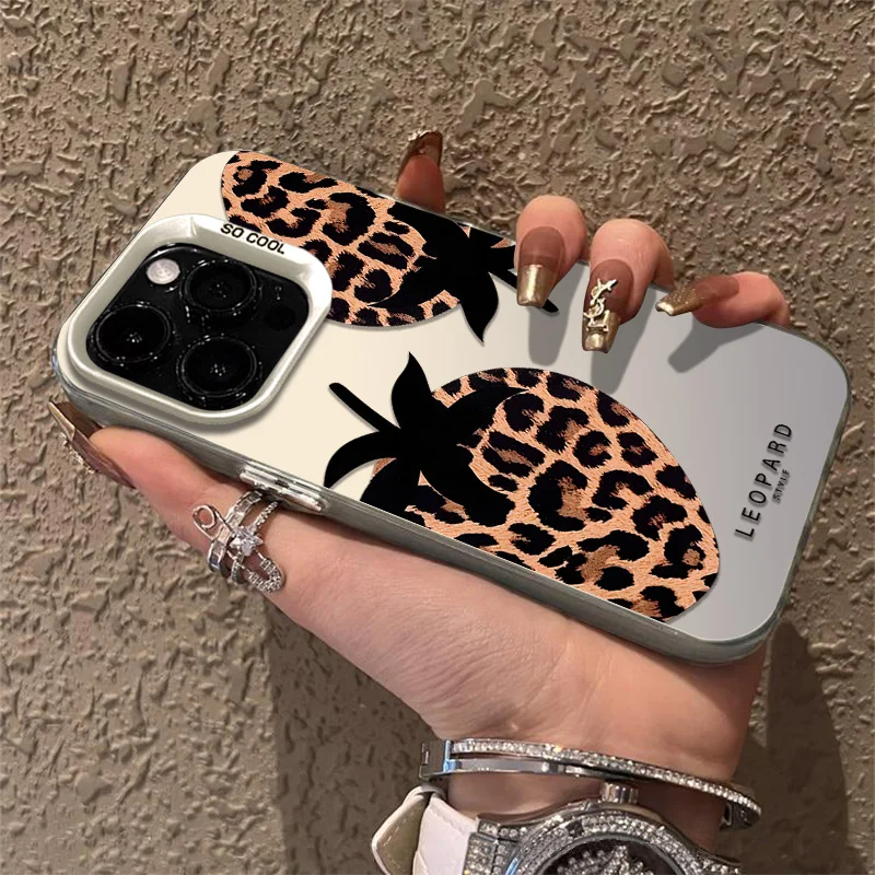 leopard print strawberry  Matte Laser Phone Case For iPhone 15 Cases iPhone 14 13 12 11 15 Pro Max XS XR X 7 8 Plus Plating Cov