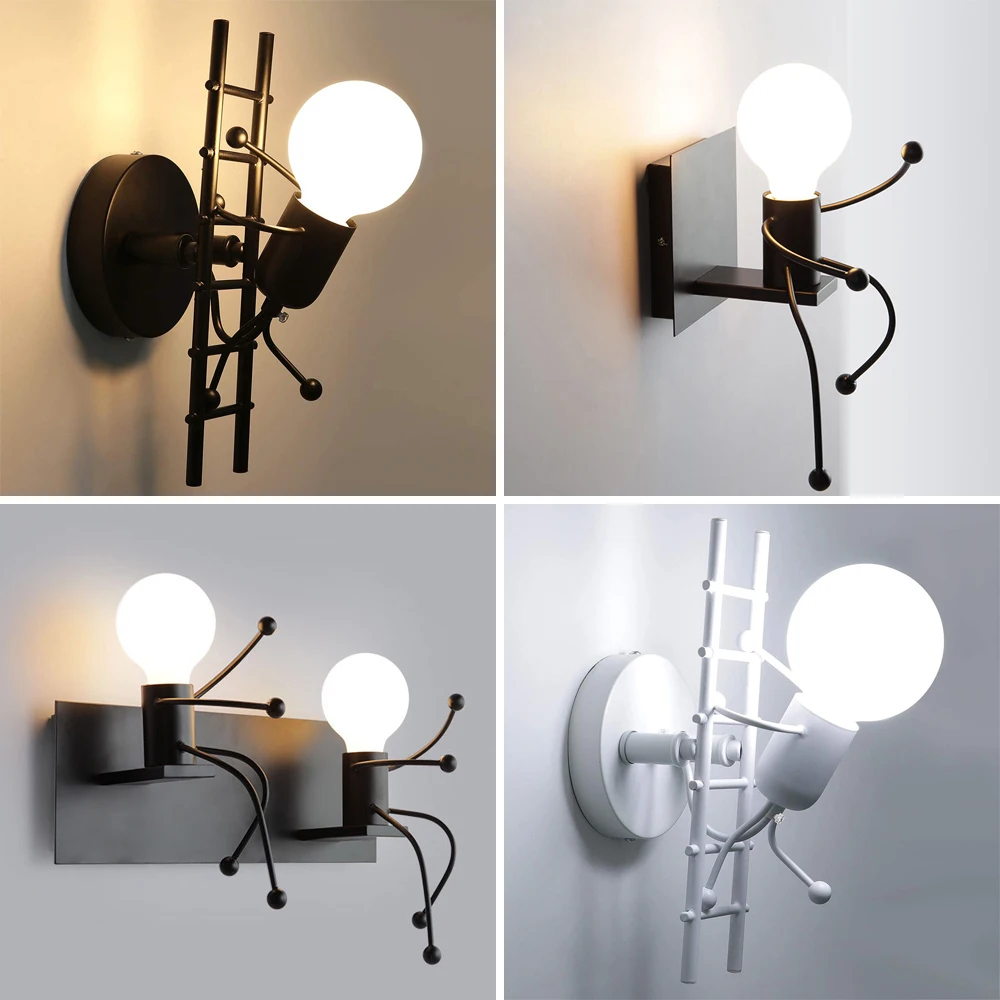 Humanoid Creative Wall Light Modern Simple Little Man Bedside Lamp Sconce E27 Indoor Hanging Lighting for Children Bedroom Decor