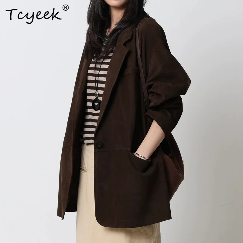 Tcyeek Real Leather Jacket Women Clothing Fashion Vintage Sheepskin Women's Coat Cozy Loose Fit Genuine Leather Дубленка Женская