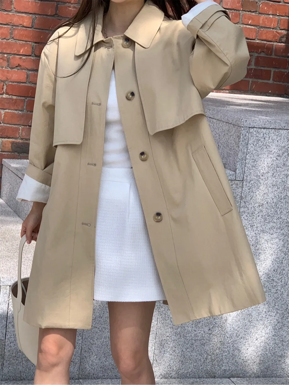 Faionable Briti Sle Long Coat Women's Jaet with Large kets Single Button Collar Stand up Spring Autumn Winter Coat