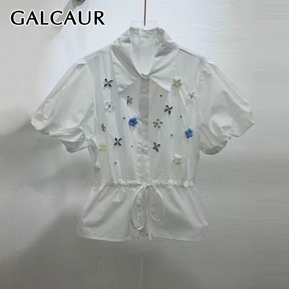 

Женская блузка GALCAUR с цветными блоками, декоративной отделкой и вставками, с отложным воротником, короткими рукавами, в полоску, элегантный топ, новинка женской моды