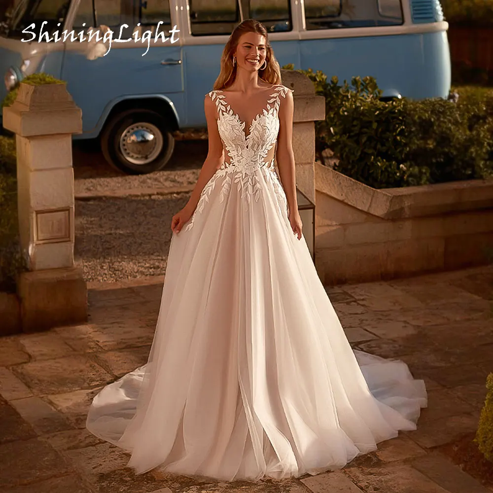 

ShiningLight V Neck Wedding Dresses A Line Tulle Bride Gown Illusion Back Applique Lace Boho Bridal Dress Sleeveless Customized