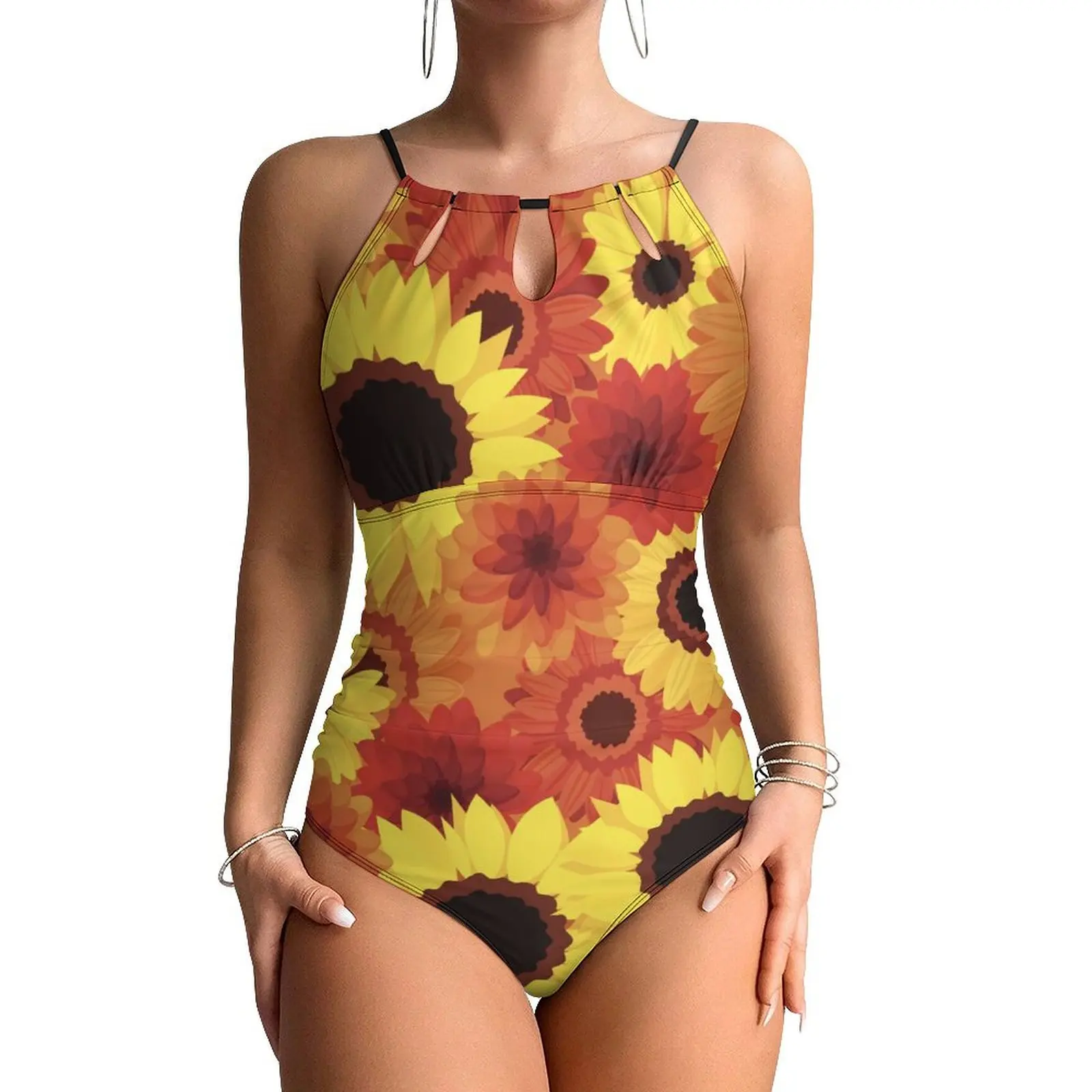 Red Yellow Sunflower Swimsuit Flower Swimwear One-Piece Fitness Design Swimsuits Halter Bathing Suit Lady Push Up Sexy Beachwear