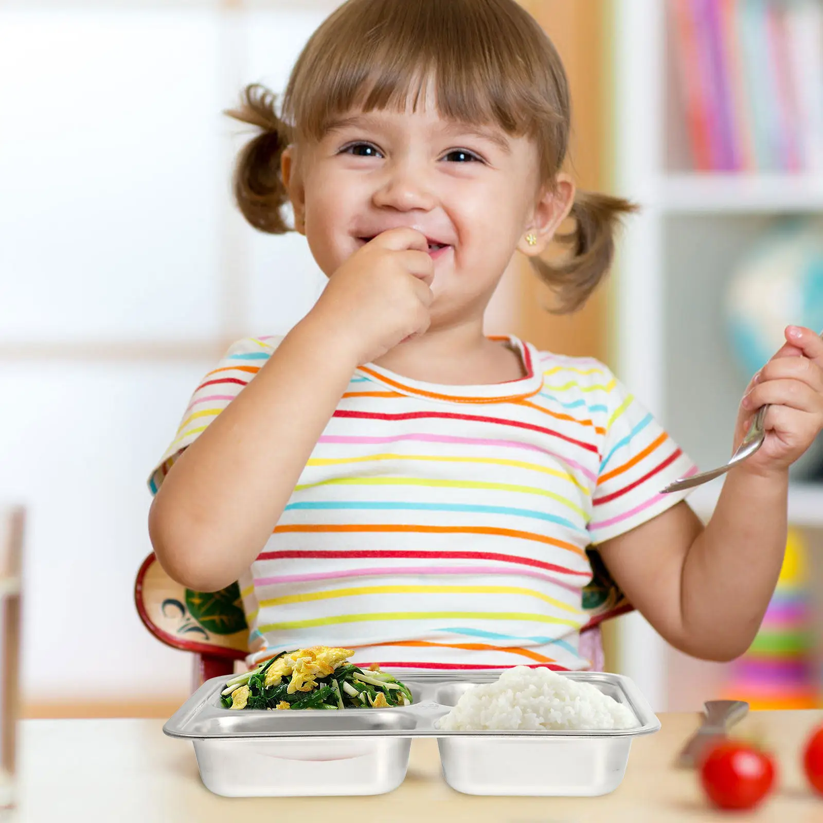 Plato rectangular de acero inoxidable de 4 secciones, bandeja de almuerzo apilable para cafetería, caja Bento, vajilla para el hogar, 1 ud.