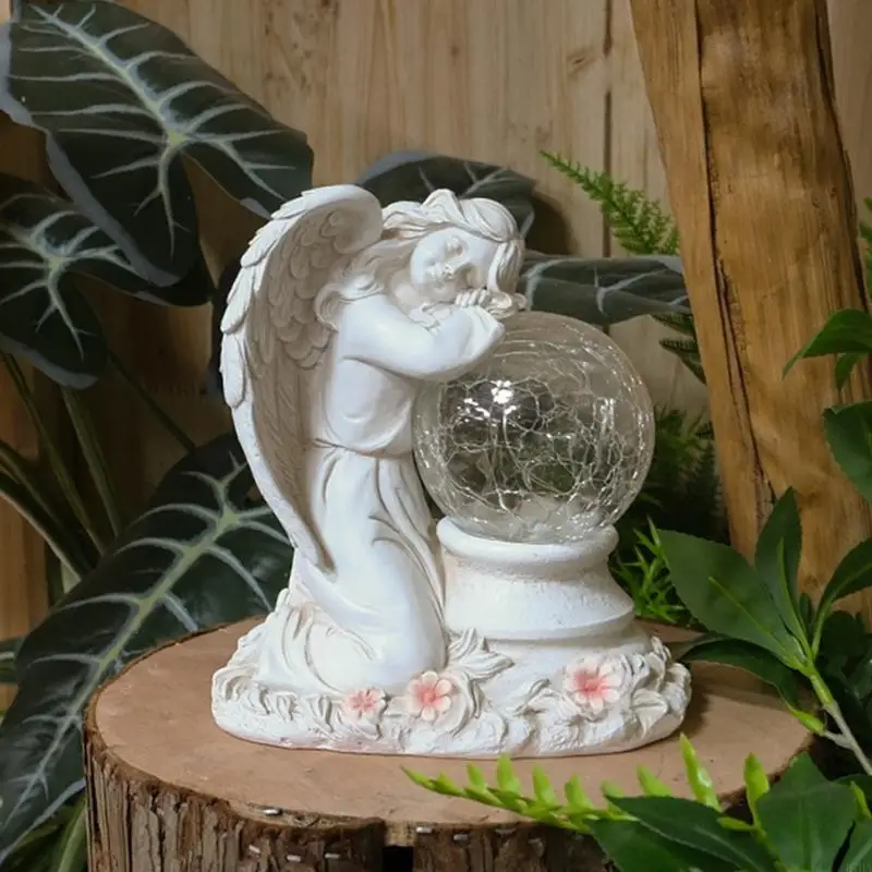 Solar Angel Garden Statue Lamp Resin Outdoor Decor with Crackle Rechargeable Battery for Porch Patio Yard 87HA