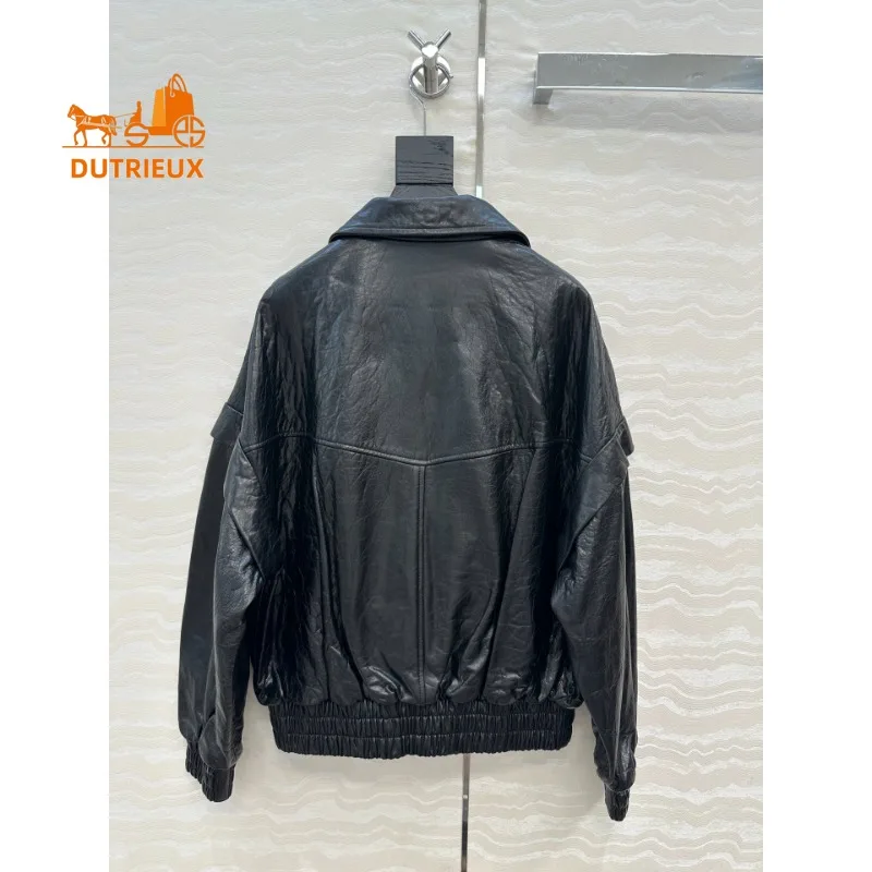 Winter Motorcycle Loose Double Pocket Leather Jacket with Old Retro Style, 100% Sheepskin Heavy Leather Jacket for Men and Women