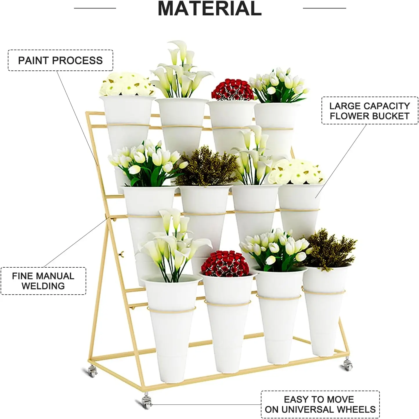 3 Tier Metal Flower Display Stand Frame with 12pcs Buckets, Flower Plant Cart Display Stand with Wheels Heavy Duty Moving Flower image 3