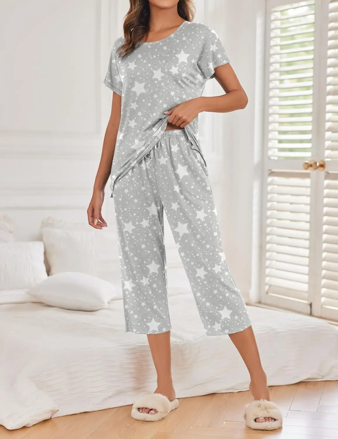 عبوتان: ملابس نوم نسائية بأكمام قصيرة وسراويل كابري طقم باما مطبوع عليه Pjs #2