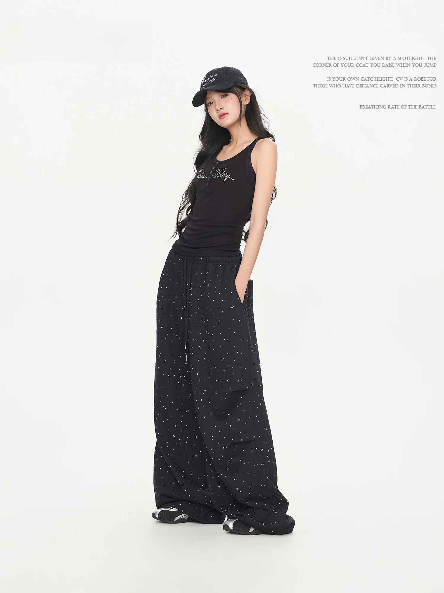 Loose Fit CV Dance Summer Ending High Street Trendy Long Pants Diamond Embellished Hole Micro Elastic Soldier Style Sport Tro...