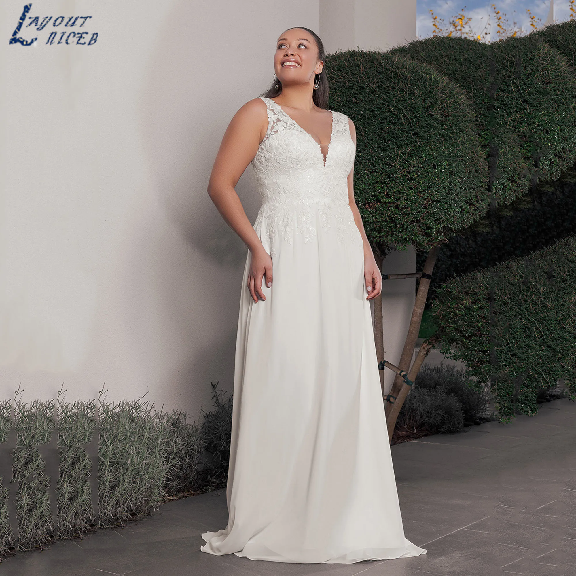 

Large Size Wedding Dresses A-Line V-Neck Chiffon Illusion Bridal Gown Classic Appliques Sleeveless vestidos de novia Customized