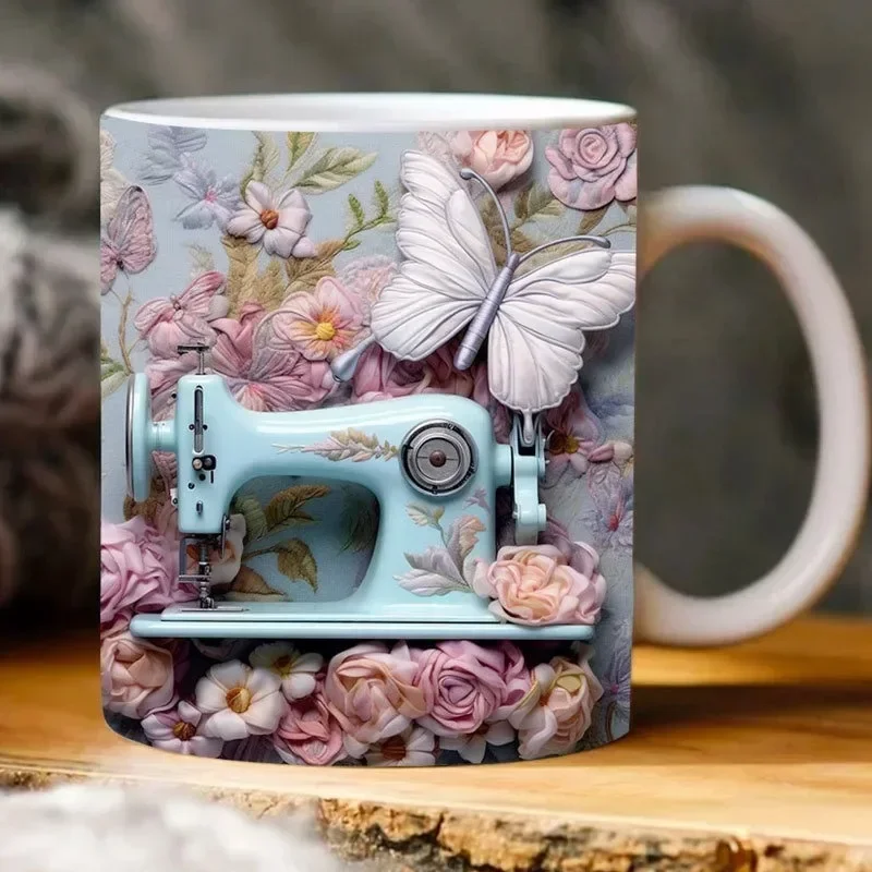 Naaien 3d Mok Reliëf Effect Creatieve Mark Cup Thee Milik Mok Met Bloemen Quilten Bloemenpatroon Nieuwigheid Machine Koffiekopje