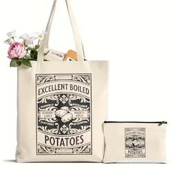 2Pcs Excellent Boiled Potatoes And Jane Austen Book Lover Gift Pattern Tote Bag, Canvas Shoulder Bag For Travel & Daily Commute,