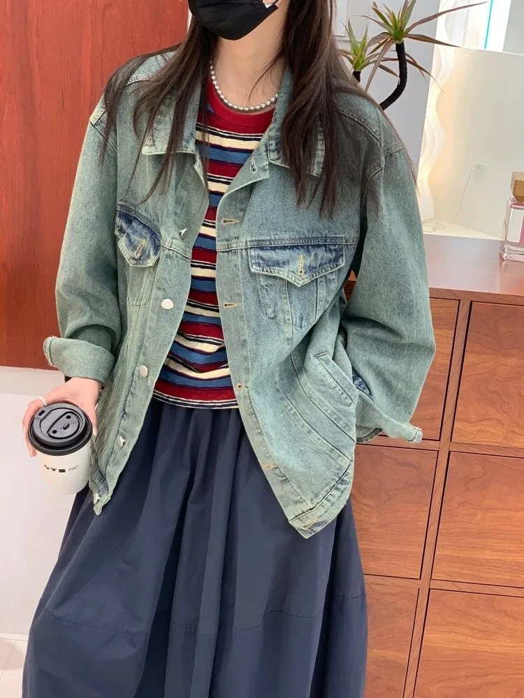 

Feita Casual Style Women's Denim Jacket Vintage Versatile Slimming Collared Top Cotton Long Sleeve Spring Fashion Outerwear