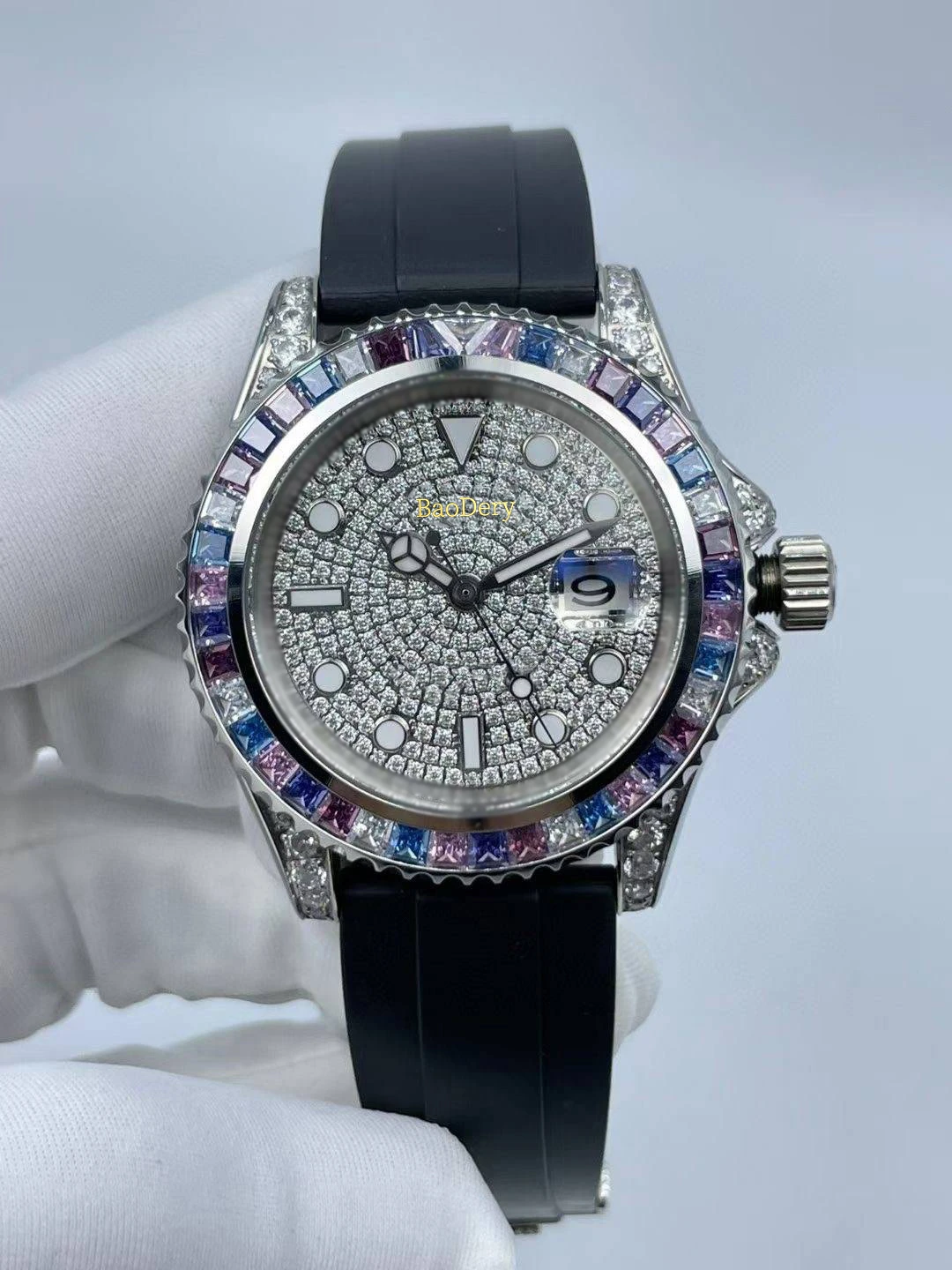 40mmMen\'s Watch with Square Diamond Bezel, Dial & Calendar Waterproof
