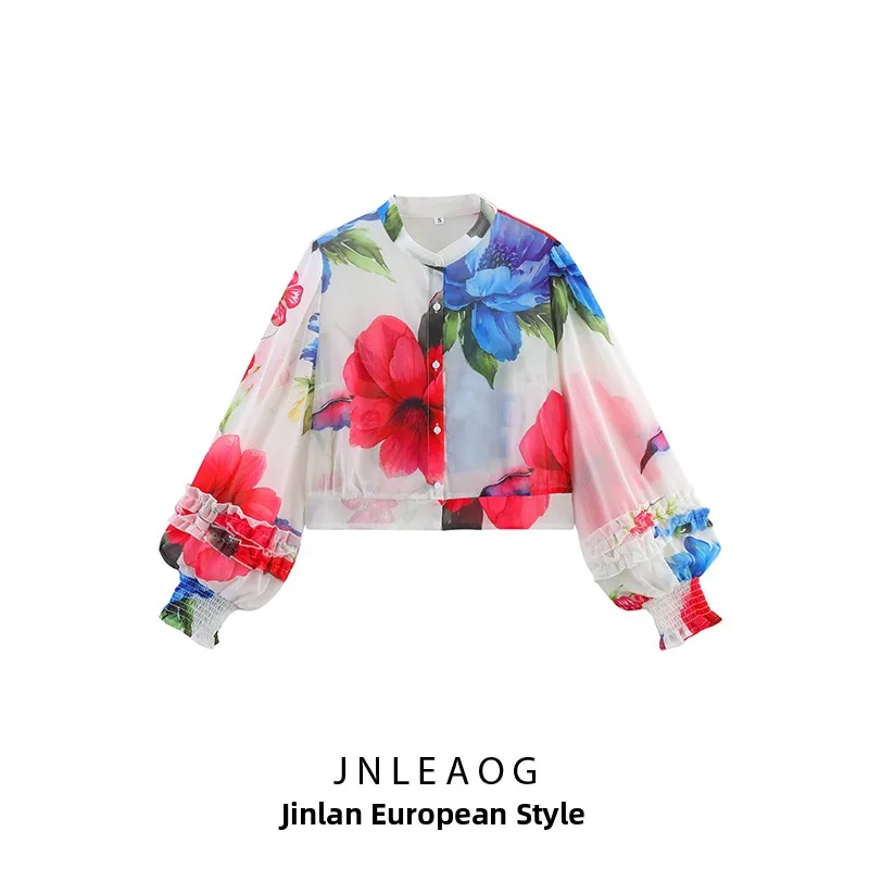 Faionable Long Sve Chiffon Printed irt with Wood ain Ruffle Decoration Women's Casual Sle Loose Fit Polyester Fiber