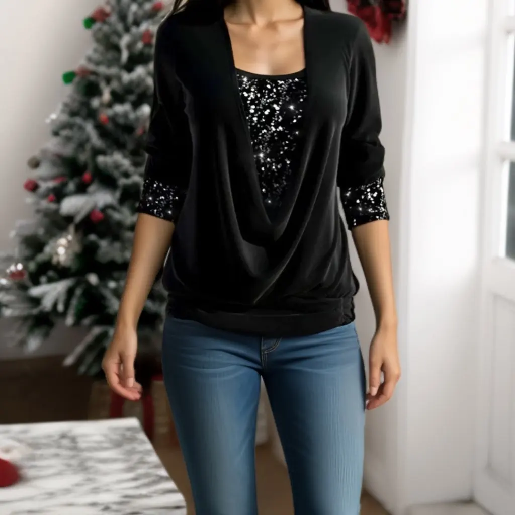 

Женский плиссированный топ с длинными рукавами и большим воротником-стойкой контрастного цвета, однотонная футболка свободного покроя в европейском и американском стиле на весну и осень