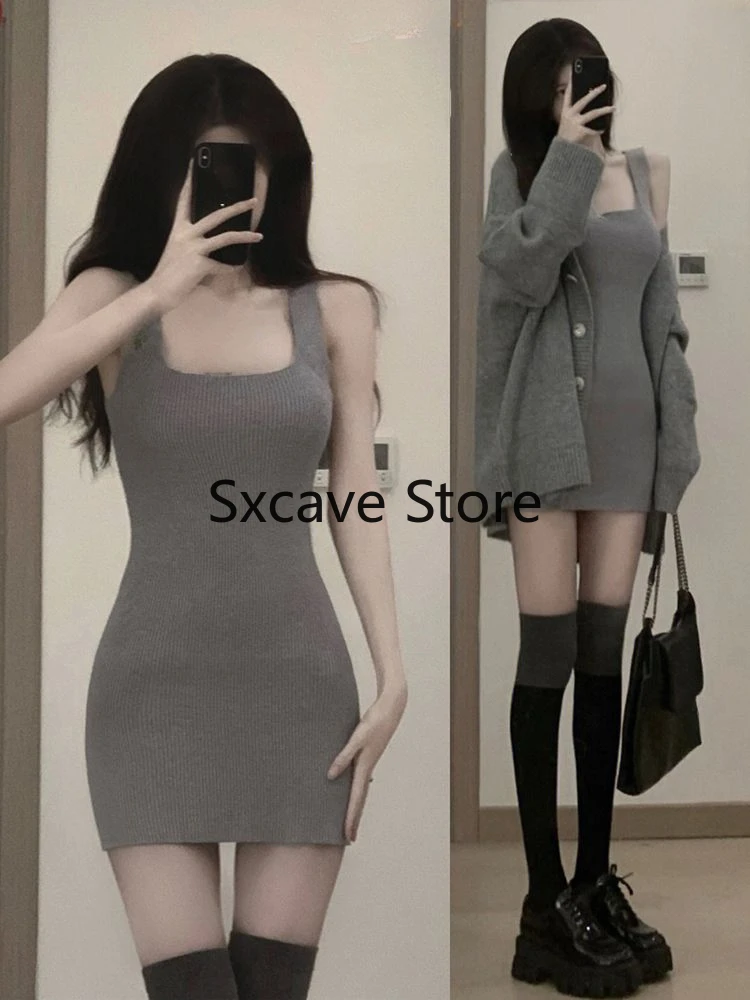 Gray 2 Piece Dress Set Women Casual Long Sleeve Cardigan + Bodycon Strap Sweater Dress Evening Party Knitted Suit 2023autumn