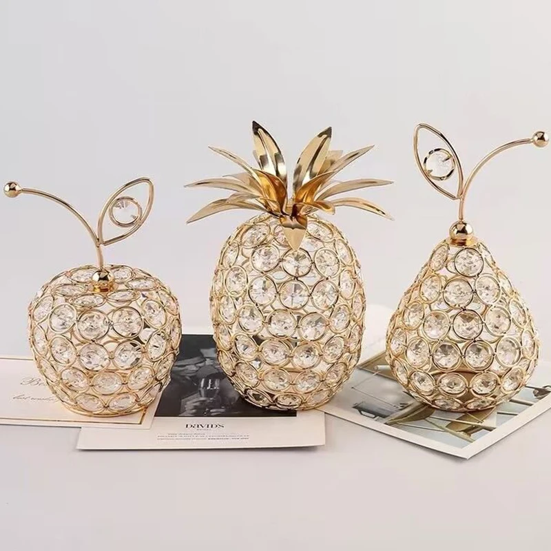 New 1pc Creative Gold Crystal Apple Ornament Rhinestone Pineapple Shape Miniature Craft Home Decoration Photography Prop