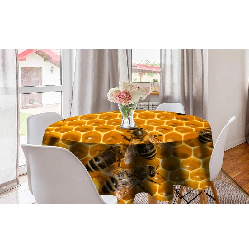 Bees Cap The Honeycomb With Beeswax Colorful Owl Interesting Animals Dust Proof Round Tablecloth By Ho Me Lili Table Decor