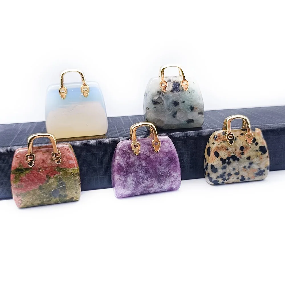Crystal Mini Handbag Pendant for Women Necklace Bracelet Natural Stone Amethyst Tiger Eye Lapis Lazuli Powder Dongling Jade