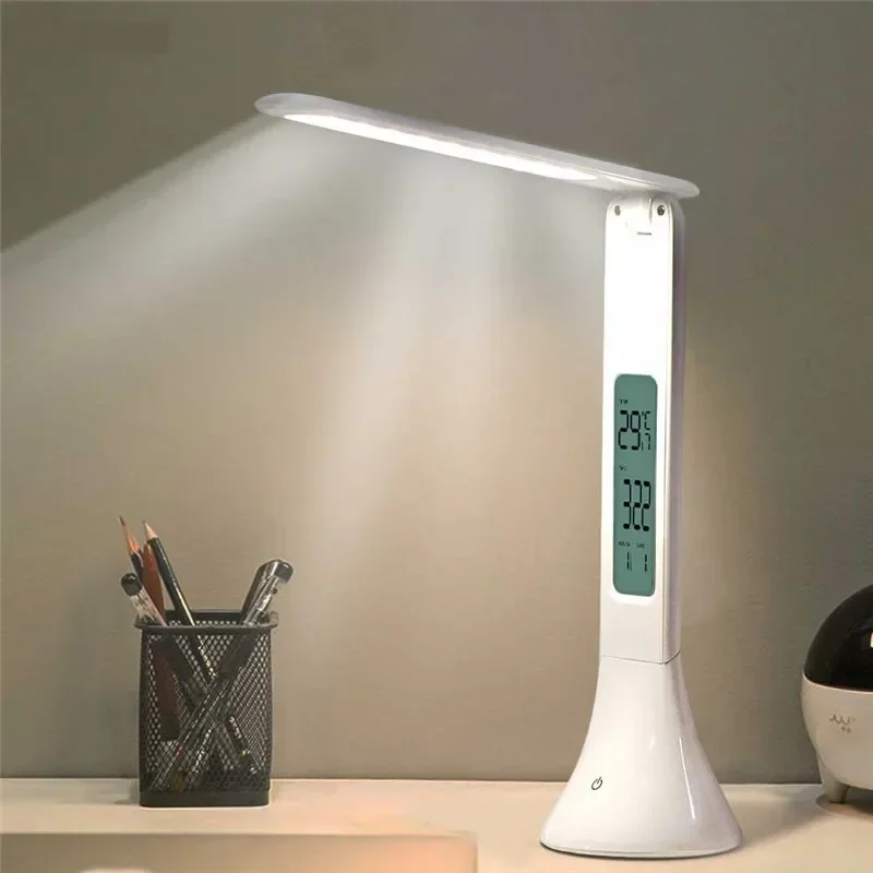 LED Table Lamp Foldable Dimmable Touch Rechargeable Desk Lamp Colorful with Calendar Temperature Alarm Clock Night Mood Lights