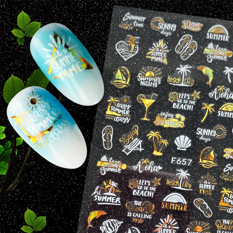 Summer Tropical Beach Coconut Tree Slippers 3D Nail Sticker Leaves Shell Transfer Decals Slider Decoration Manicures