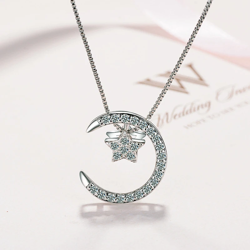 New 925 Sterling Silver Fine Moon&Stars Zircon Pendant Necklaces Fashion Women Jewelry Rhinestone Multi Style Clavicular Chain